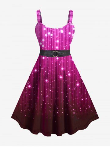 Plus Size Colorblock Stars Bubble Stripes Glitter Sparkling Sequin Buckle Belt 3D Print Tank Party Dress - LIGHT PINK - S