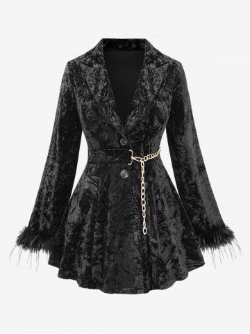 Plus Size Lapel Collar Fluffy Fur Trim Sleeves Button Embossed Velvet Chain Belted Coat - BLACK - M | US 10