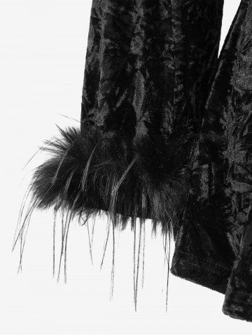 Gothic Plus Size Lapel Collar Fluffy Fur Trim Sleeves Button Embossed Velvet Chain Belted Coat