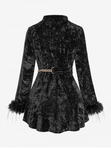 Gothic Plus Size Lapel Collar Fluffy Fur Trim Sleeves Button Embossed Velvet Chain Belted Coat