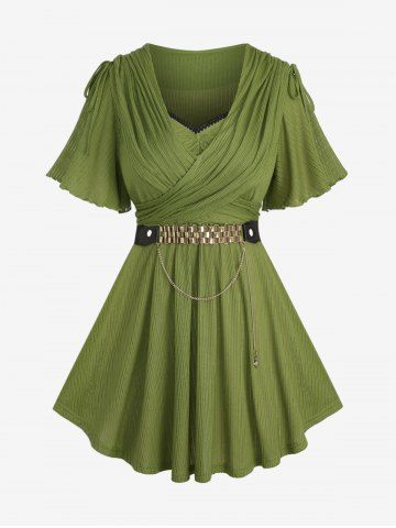 Plus Size Lace Trim Tie Cinched Shoulder Rufles Crisscross Surplice Ribbed Textured T-shirt With Chain Belt - GREEN - 1X | US 14-16