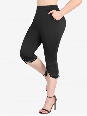 Plus Size Lace Trim Rivet Pockets Tulip Hem Split Capri Leggings - BLACK - M | US 10