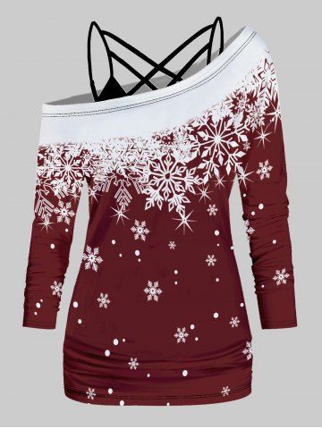 Christmas Snowflake Print Skew Collar Long Sleeve Top And Crisscross Plain Camisole Set - DEEP RED - XXL