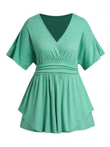 Plus Size Heather Surplice Plunging Neck High Waisted Long T Shirt - LIGHT GREEN - 5X