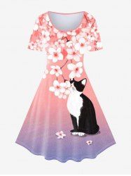 Plus Size Flower Cat Print Ombre A Line Short Sleeve Dress -  