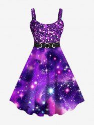 Plus Size Galaxy Star Sparkling Sequin Glitter Buckle Belt 3D Print Tank Party New Years Eve Dress -  