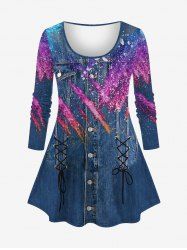 Plus Size Denim Paint Splatter Colorblock Sparkling Sequin Glitter Pockets Lace Up Buttons 3D Print T-shirt -  
