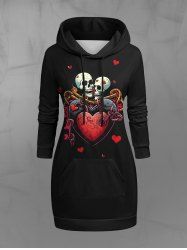 Gothic Skulls Heart Lovers Print Pocket Drawstring Valentines Pullover Hoodie -  