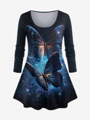 Plus Size Glitter Sparkling Butterfly Galaxy Light Beam Print Long Sleeves T-shirt -  