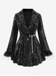 Plus Size Lapel Collar Fluffy Fur Trim Sleeves Button Embossed Velvet Chain Belted Coat -  