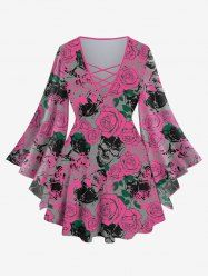 Plus Size Valentine's Day Skulls Rose Flowers Leaf Print Lattice Crisscross Flare Sleeve Top -  