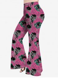 Plus Size Valentine's Day Skulls Rose Flowers Leaf Print Flare Pants -  