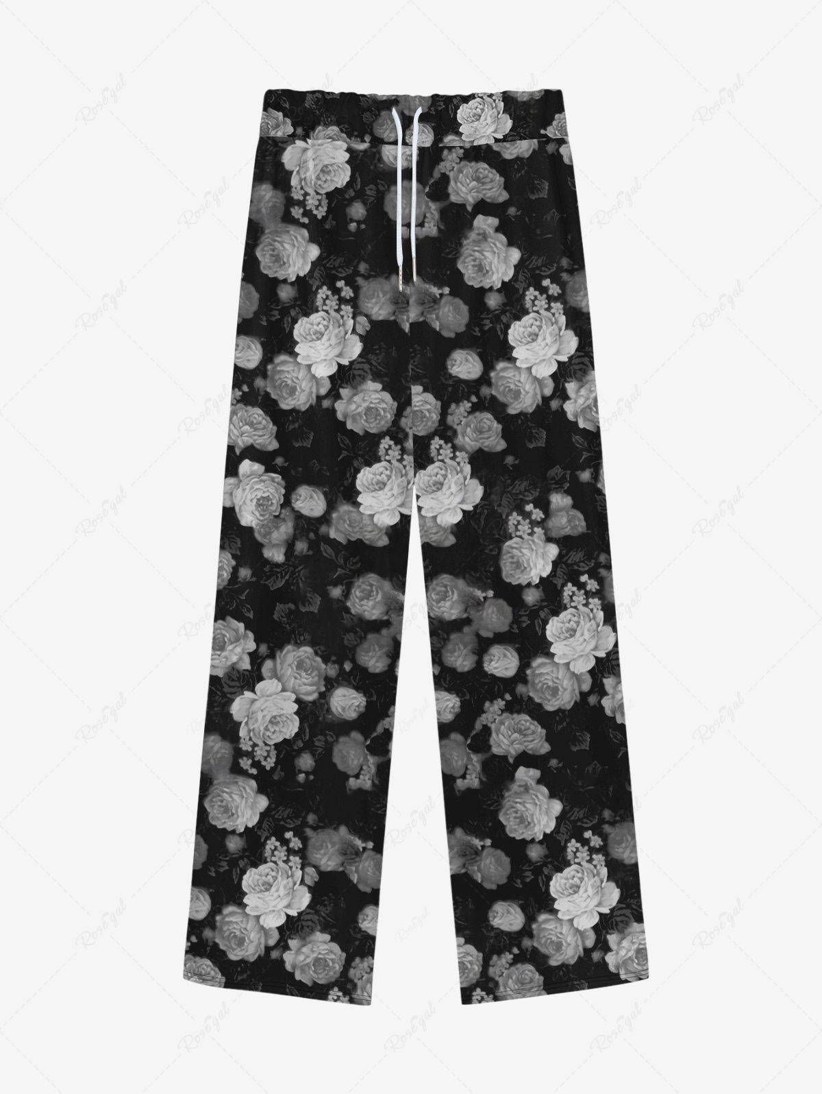 Pantalon de Survêtement à Cordon de Serrage à Imprimé Roses Style Gothique pour Hommes Noir 8XL