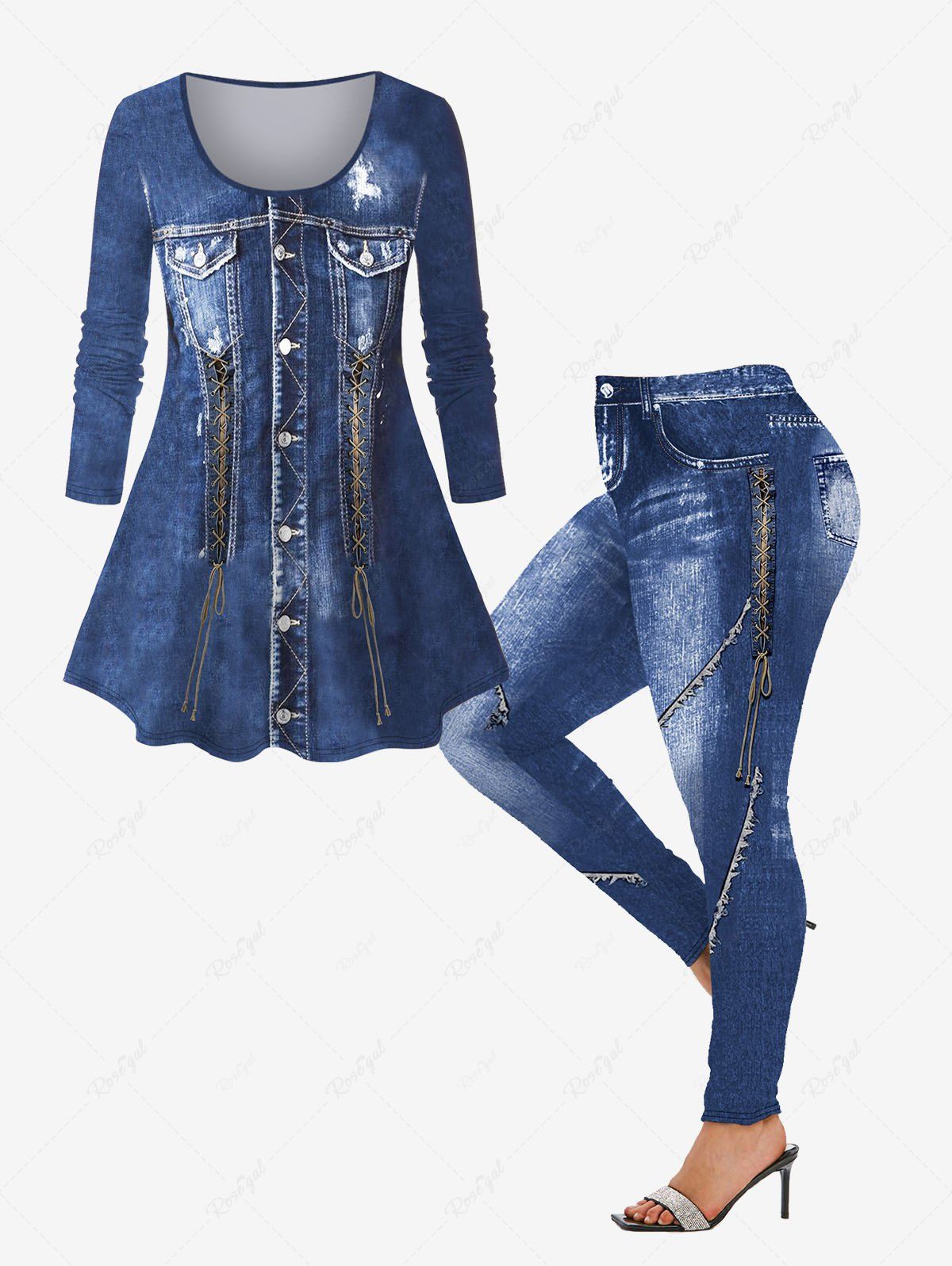 Best 3D Denim Pocket Lace Up Buttons Ripped Topstitching Printed Ombre Long Sleeves T-shirt and Leggings Plus Size Outfit  