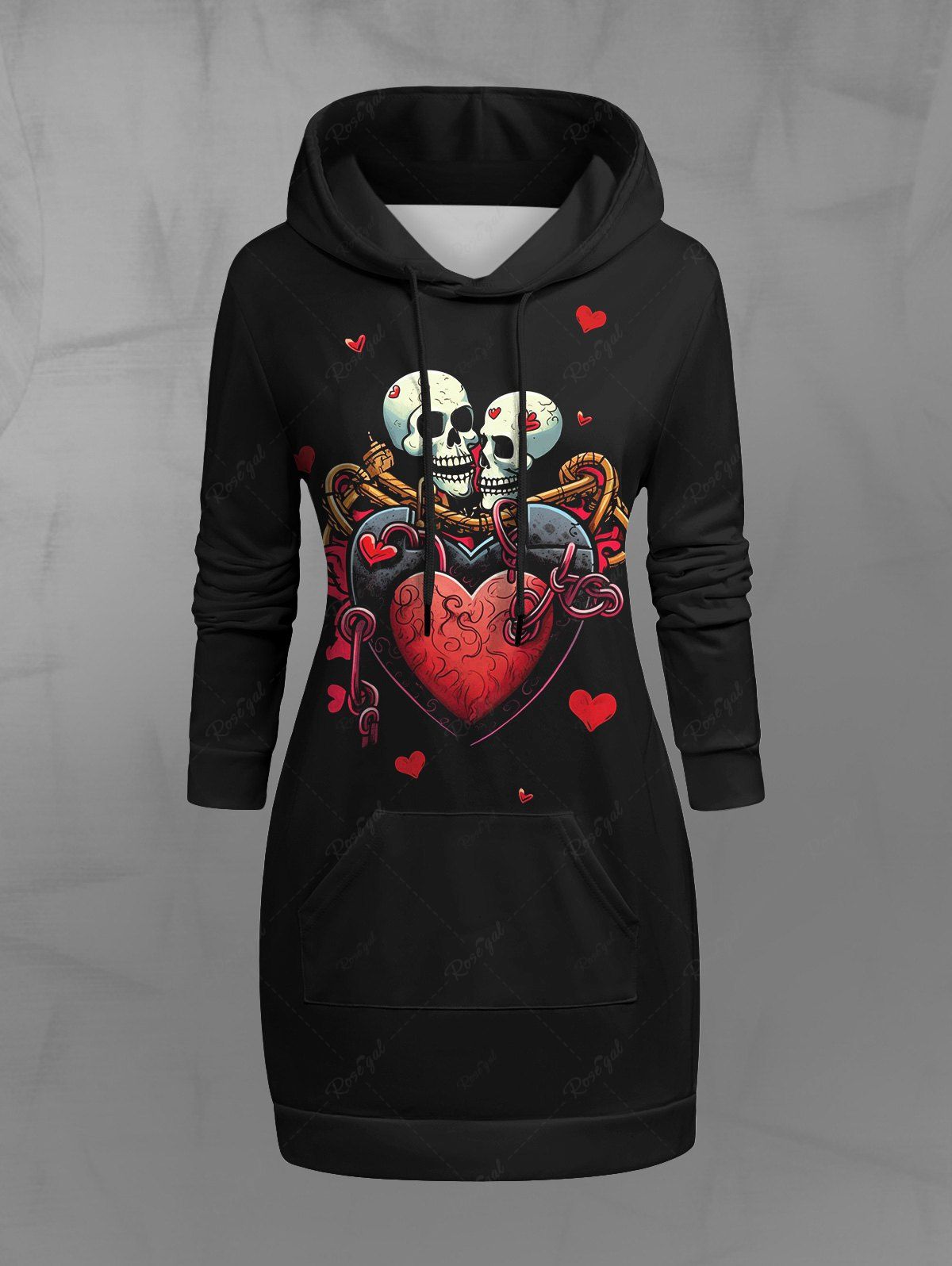 Outfits Gothic Skulls Heart Lovers Print Pocket Drawstring Valentines Pullover Hoodie  