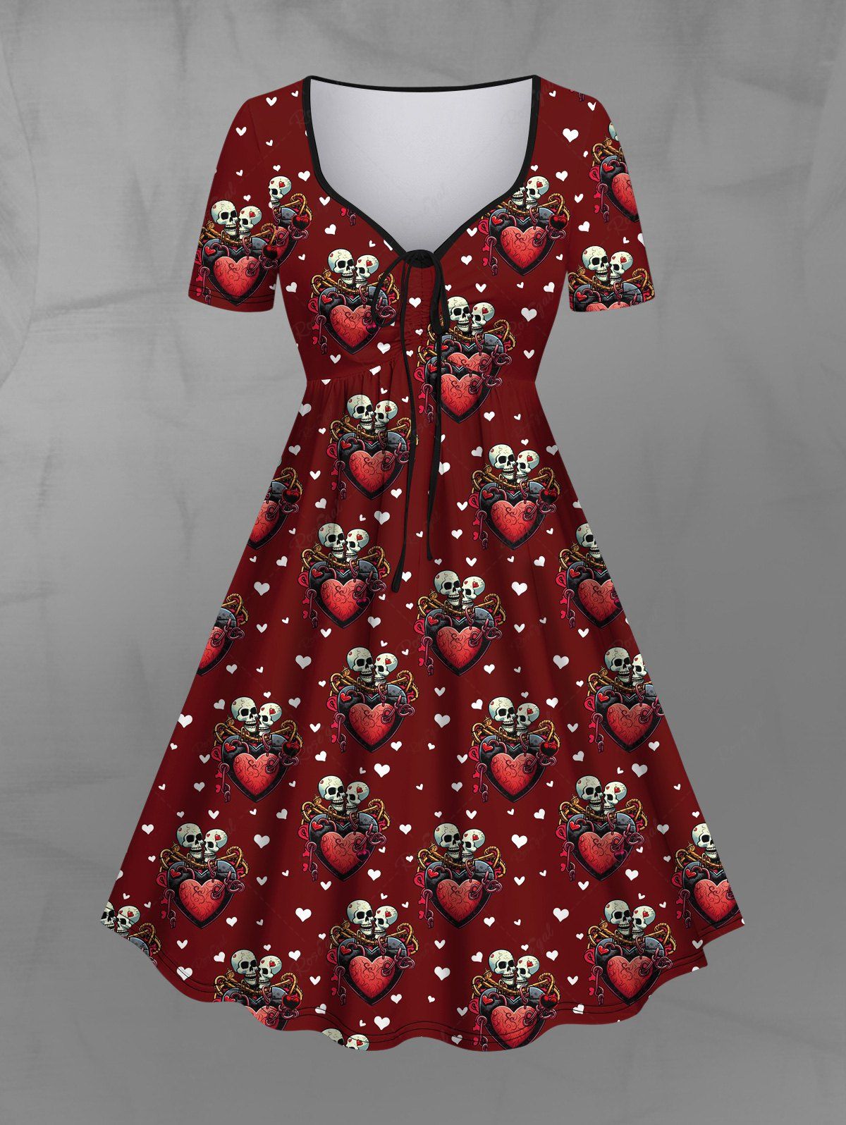 Outfits Gothic Skulls Skeleton Heart Lovers Print Cinched A Line Valentines Dress  
