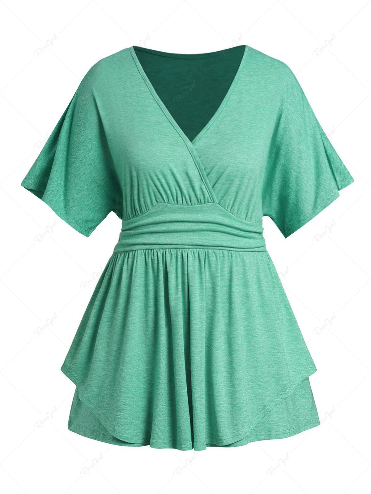 Cheap Plus Size Heather Surplice Plunging Neck High Waisted Long T Shirt  