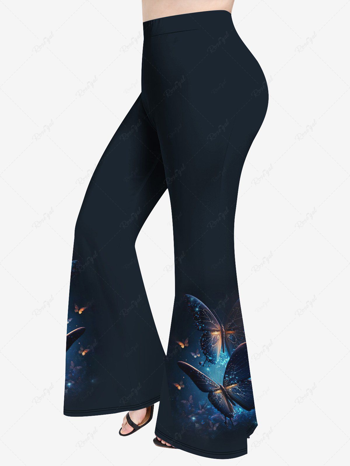 Pantalon Evasé Galaxie Brillante Papillon Imprimé de Grande Taille Bleu profond 6X