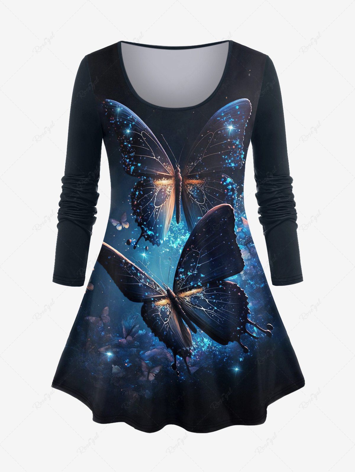 T-shirt Brillant Papillon Lumière et Galaxie Imprimés de Grande Taille à Manches Longues Bleu profond 6X