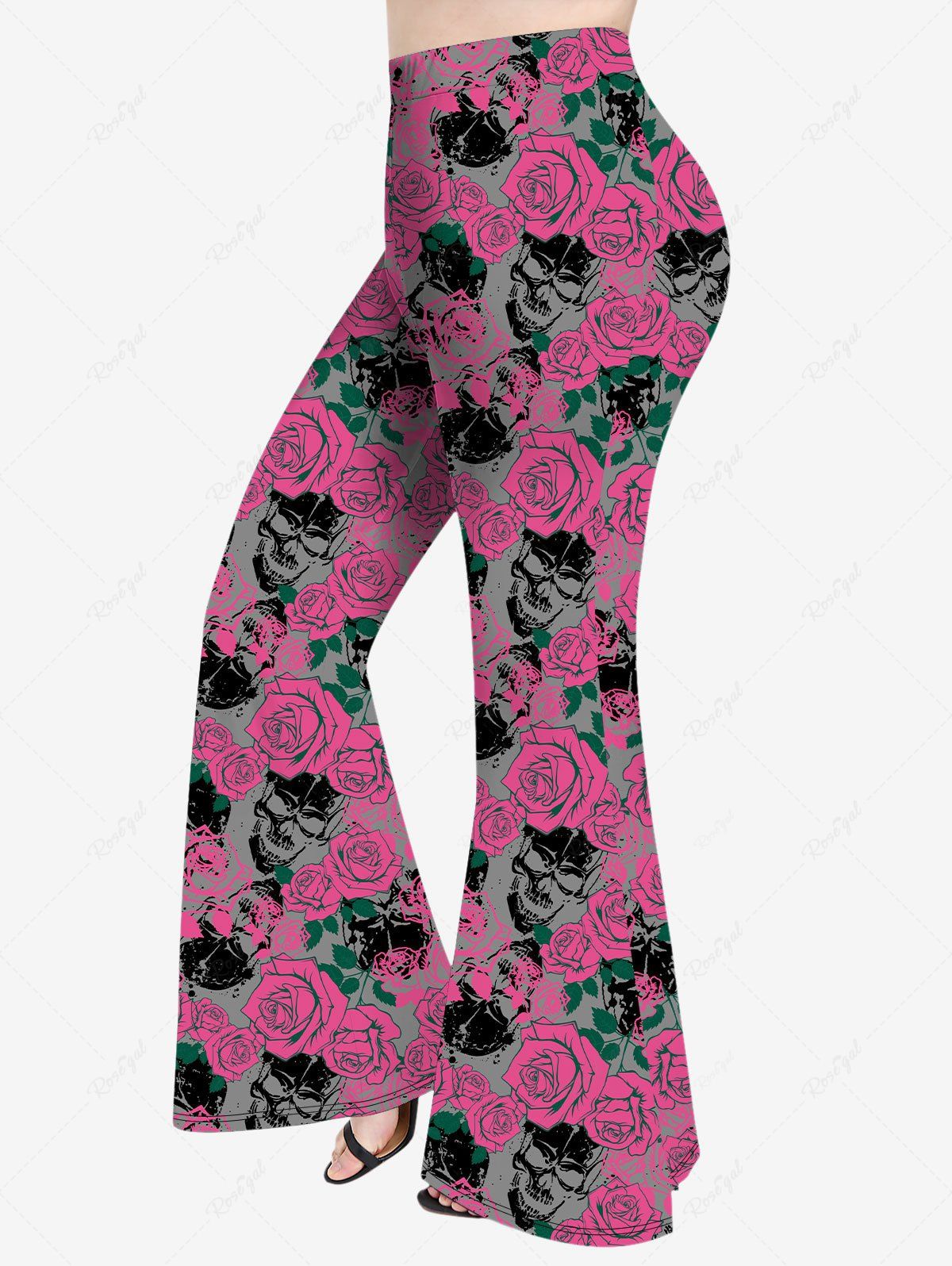 Trendy Plus Size Valentine's Day Skulls Rose Flowers Leaf Print Flare Pants  