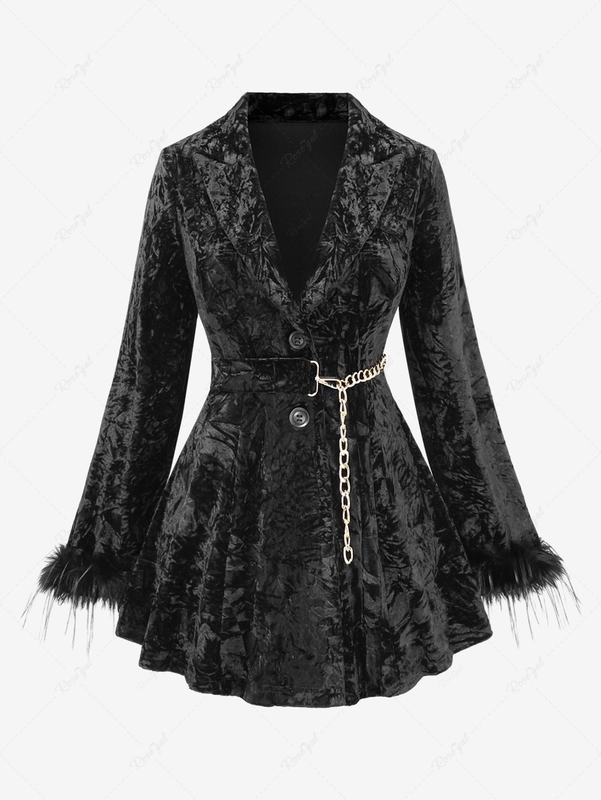 Unique Plus Size Lapel Collar Fluffy Fur Trim Sleeves Button Embossed Velvet Chain Belted Coat  