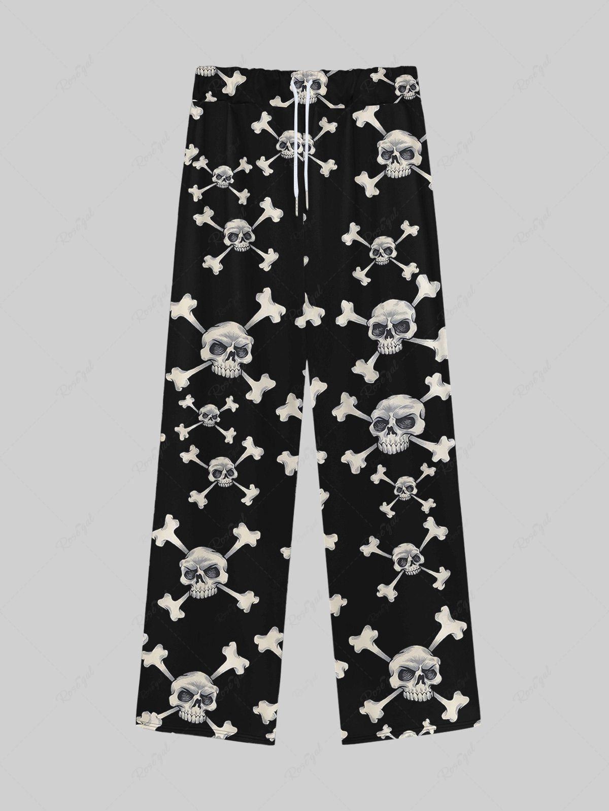 Trendy Gothic Skulls Skeleton Print Wide Leg Drawstring Sweatpants For Men  