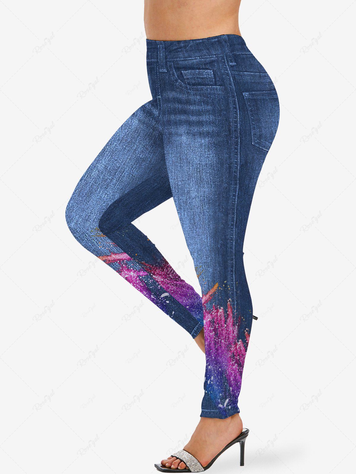 Discount Plus Size Dnim Pockets Paint Splatter Colorblock Sparkling Sequin Glitter 3D Print Leggings  