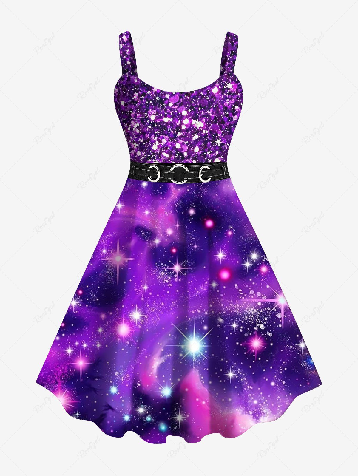 Discount Plus Size Galaxy Star Sparkling Sequin Glitter Buckle Belt 3D Print Tank Party New Years Eve Dress  