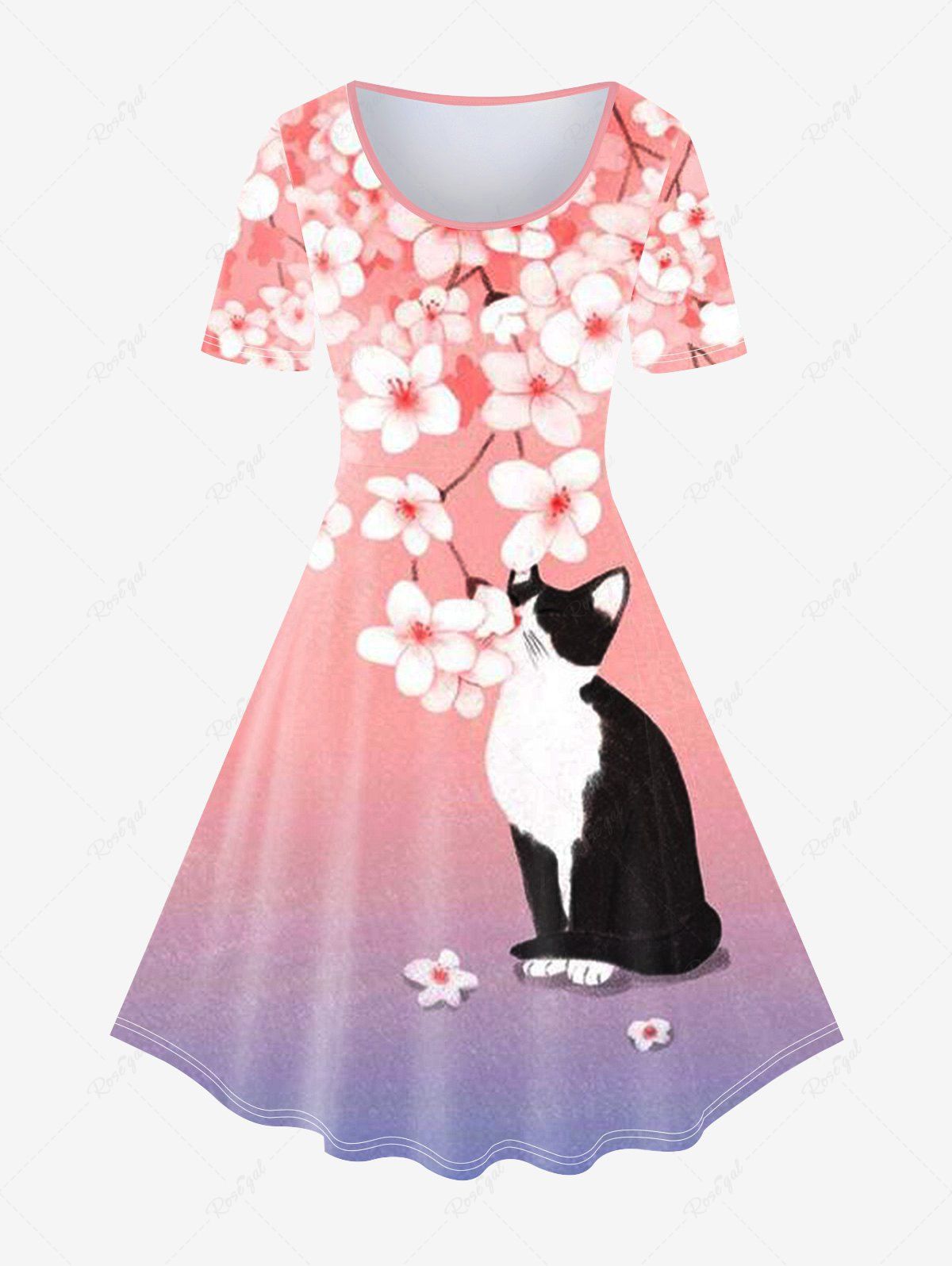 Trendy Plus Size Flower Cat Print Ombre A Line Short Sleeve Dress  