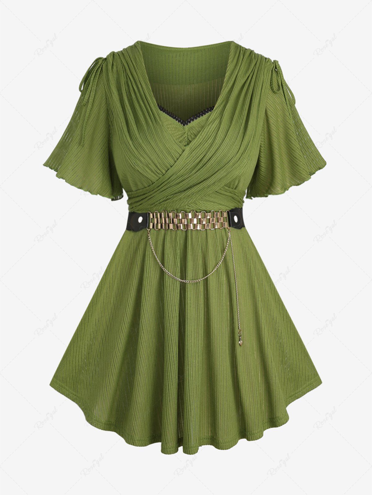 Affordable Plus Size Lace Trim Tie Cinched Shoulder Rufles Crisscross Surplice Ribbed Textured T-shirt With Chain Belt  