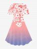 Plus Size Flower Cat Print Ombre A Line Short Sleeve Dress -  