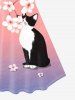 Plus Size Flower Cat Print Ombre A Line Short Sleeve Dress -  