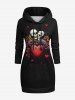 Gothic Skulls Heart Lovers Print Pocket Drawstring Valentines Pullover Hoodie -  