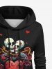 Gothic Skulls Heart Lovers Print Pocket Drawstring Valentines Pullover Hoodie -  