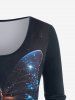 T-shirt Brillant Papillon Lumière et Galaxie Imprimés de Grande Taille à Manches Longues - Bleu profond 6X