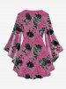 Plus Size Valentine's Day Skulls Rose Flowers Leaf Print Lattice Crisscross Flare Sleeve Top -  
