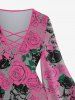 Plus Size Valentine's Day Skulls Rose Flowers Leaf Print Lattice Crisscross Flare Sleeve Top -  