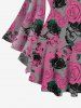 Plus Size Valentine's Day Skulls Rose Flowers Leaf Print Lattice Crisscross Flare Sleeve Top -  