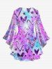 Plus Size Flare Sleeves Glitter Sparkling Heart Star Sequins Print Ombre Lattice Top -  