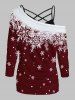 Ensemble de Haut de Noël Croisé à Imprimé Flocon de Neige à Manches Longues à Col Oblique et de Camisole Simple - Rouge foncé S