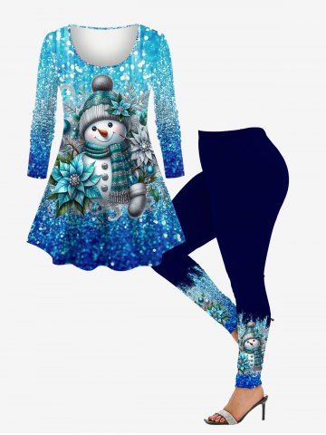 Christmas Ball Snowman Flower Ombre Sparkling Sequin Glitter 3D Printed Long Sleeve T-shirt and Leggings Plus Size Matching Set - BLUE