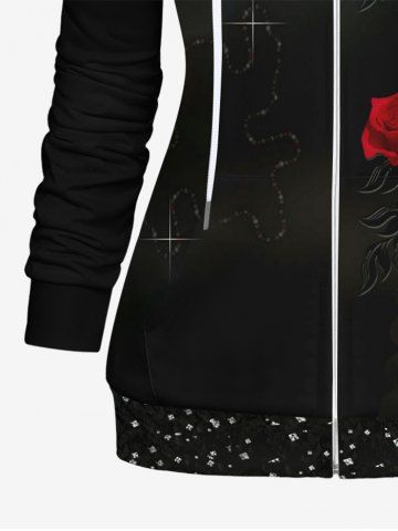 Valentine's Day Rose Flowers Butterfly Crystal Colorblock Glitter 3D Printed Pockets Zip Up Drawstring Hoodie and Leggings Plus Size Matching Set