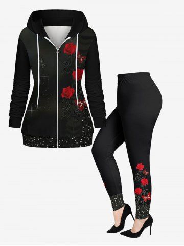 Valentine's Day Rose Flowers Butterfly Crystal Colorblock Glitter 3D Printed Pockets Zip Up Drawstring Hoodie and Leggings Plus Size Matching Set - BLACK