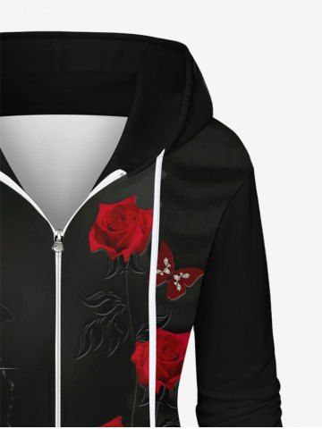 Valentine's Day Rose Flowers Butterfly Crystal Colorblock Glitter 3D Printed Pockets Zip Up Drawstring Hoodie and Leggings Plus Size Matching Set