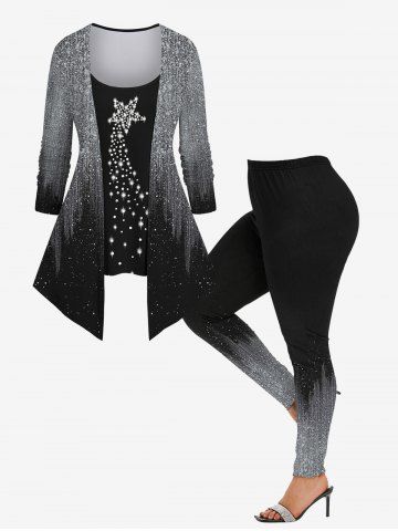 Stars Sparkling Sequin Colorblock Glitter 3D Printed Long Sleeve 2 In 1 T-shirt and Leggings Plus Size Outfit