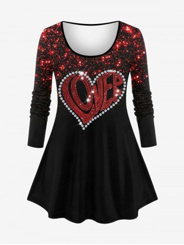 Plus Size Valentine's Day Heart Crystal Letters Glitter Sparkling Sequin 3D Print Long Sleeve T-shirt - RED - S
