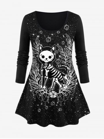 Plus Size Stars Skeleton Cat Skulls Flowers Tassel Glitter Sparkling Sequin 3D Print Long Sleeve T-shirt - BLACK - 1X