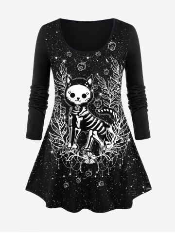 Plus Size Stars Skeleton Cat Skulls Flowers Tassel Glitter Sparkling Sequin 3D Print Long Sleeve T-shirt - BLACK - 4X