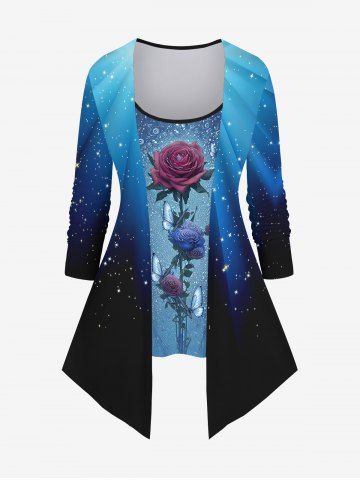 Plus Size Ombre Colorblock Rose Flower Butterfly Glitter Sparkling Sequin 3D Print 2 In 1 T-shirt - BLUE - 1X