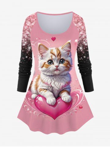 Plus Size Valentine's Day Cat Heart Colorblock Glitter Sparkling Sequin 3D Print Raglan Sleeve T-shirt - LIGHT PINK - 1X